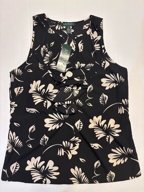 NWT Lauren Ralph Lauren Black Floral Ruffle-Neck Sleeveless blouse